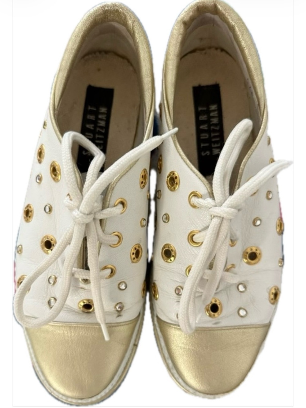 Vintage Stuart Weitzman Gold and White Studded Sneakers, size 6